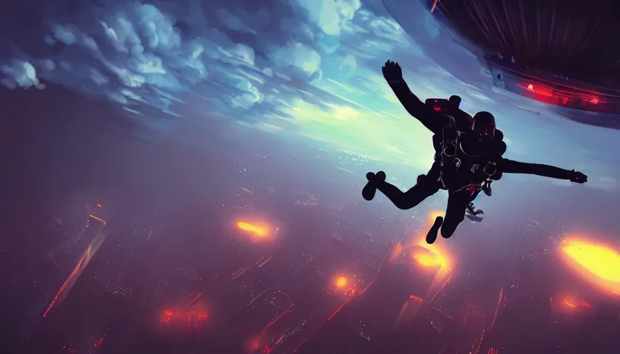 Image similar to man skydiving in dark cyberpunk city with clouds, volumetric lighting, dystopia, artstation, concept art, painting