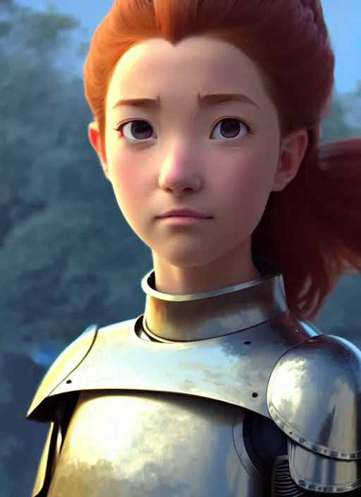 Prompt: head and shoulders portrait of a female knight, wholesome animation key shot, studio ghibli, pixar and disney animation, sharp, rendered in unreal engine 5, anime key art by greg rutkowski, bloom, dramatic lighting