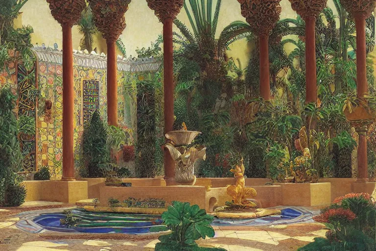 Image similar to painting of a beautiful moorish palace courtyard garden, by donato giancola and maxfield parrish and evelyn de morgan and rudolf ernst, patterned tilework, palm trees, tiled fountains, extremely detailed, cinematic lighting, smooth sharp focus