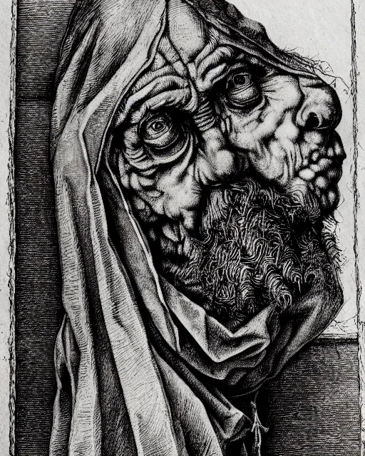 Prompt: old mage, hyper realism, fine details, deviantart artstation, extremely detailed, black and white, very sharp, in the style of albrecht durer, etching,