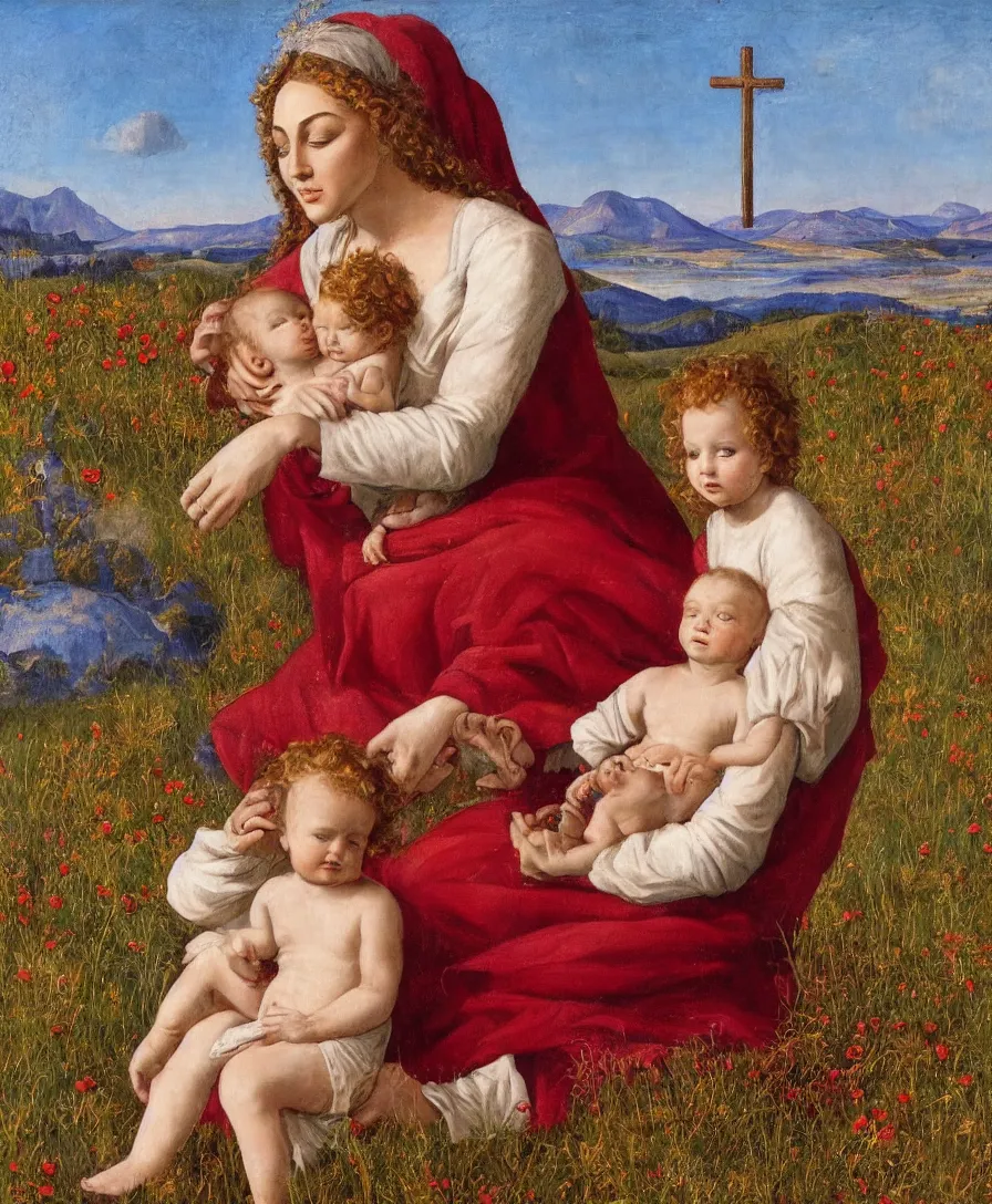 Image similar to Detailed Portrait of Madonna, with infant Jesus playin with thin long cross in the style of Raffael. Red curly hair. They are sitting in a dried out meadow in Tuscany, red poppy in the field. On the horizon there is a blue lake with a town like florence and blue mountains alps. Flat perspective.