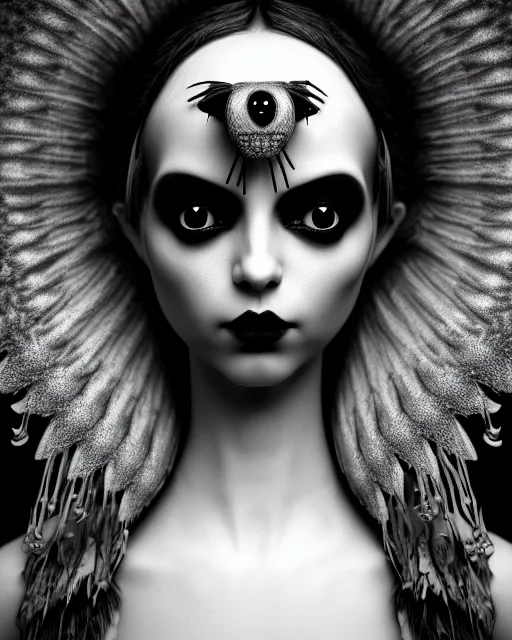 Image similar to surreal mythical dreamy dark artistic black and white fine art 3 / 4 fashion portrait photo of a young beautiful delicate female robot - witch - owl with orchid - doll face, rim light, cinematic, studio dramatic light, poetic, masterpiece, octane render, 8 k, photo - realistic by gustave dore hg giger