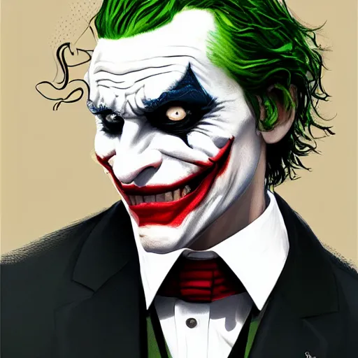 Image similar to the joker in a posh suit, attending university, portrait, artstation