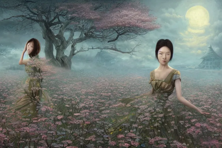 Image similar to Lee Jin-Eun by Andrew Ferez, rule of thirds, seductive look, beautiful, in intergalactic HQ with sakura trees