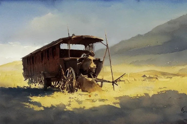 Prompt: small centered on white watercolor paper, paint brush strokes, abstract watercolor painting of wagon, midday sharp light, dust, cinematic light, american romanticism by hans dahl, by jesper ejsing, by anders zorn, by greg rutkowski, by greg manchess, by tyler edlin