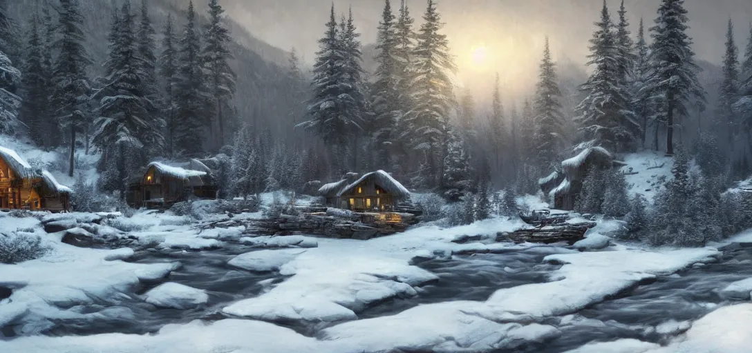Image similar to a single cozy lodge beside a river stream in the canadian wilderness in winter, dramatic lighting, cinematic, establishing shot, extremely high detail, photo realistic, cinematic lighting, post processed, concept art, artstation, matte painting, style by eddie mendoza, raphael lacoste, alex ross