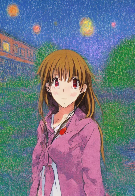 Image similar to wide angle portrait of a teenage girl, a thrifty outfit, somewhat of an anime in impressionist style, city street view background, starlit night sky, trending artwork, illustrated in anime painter studio, by claude monet