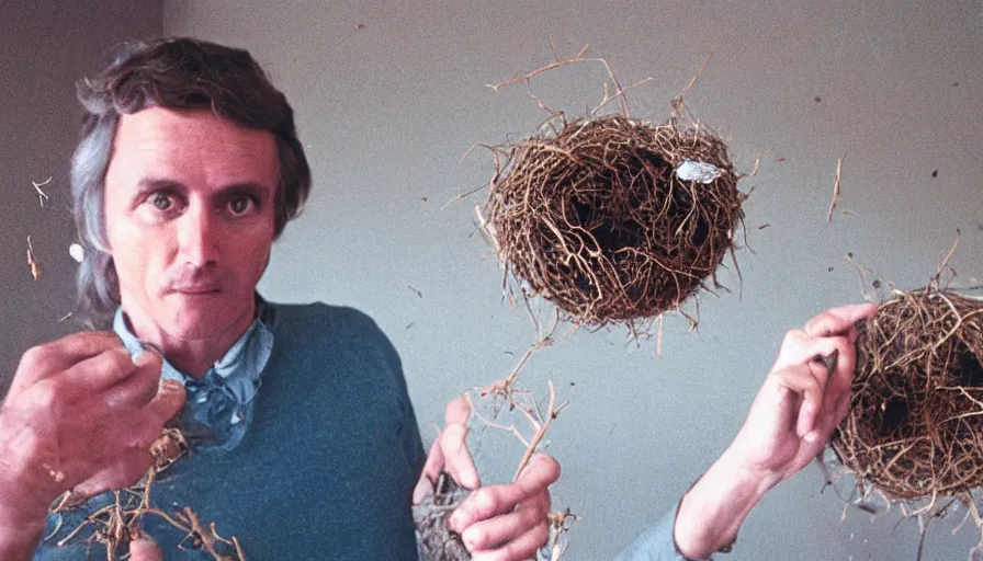 Image similar to 7 0 s movie still of a man with a moth nest, cinestill 8 0 0 t 3 5 mm eastmancolor, heavy grain, high quality, high detail