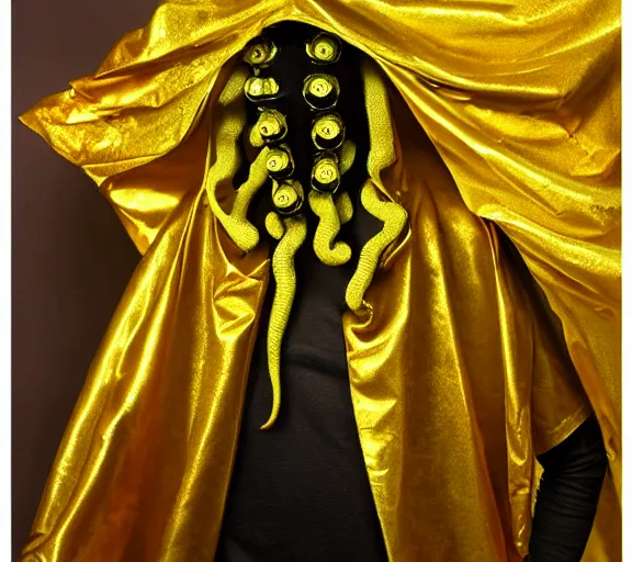 Prompt: hastur, golden hood cape, dark toxic, black tentacles realistic art, realistic photo by horror H 576