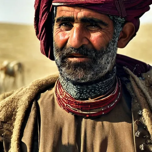 Image similar to Close up of a Kurdish shepherd wearing Kurdish Kurdish Kurdish clothes in a movie directed by Christopher Nolan, movie still frame, promotional image, imax 70 mm footage