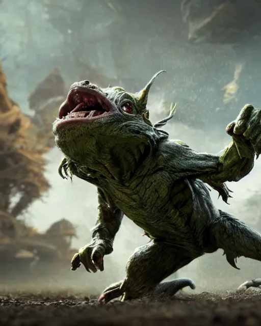 Image similar to highly detailed portrait of a movie gremlin, attacking a human warrior. depth of field, breathtaking, detailed and intricate environment, 8 k resolution, hyperrealistic, octane render