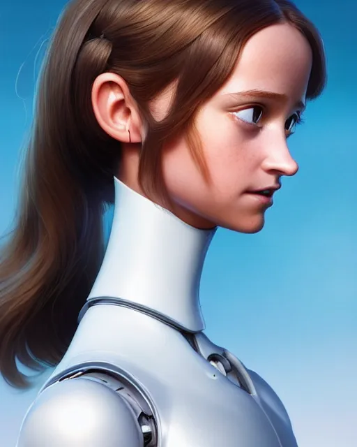 Image similar to weta disney pixar movie still head and torso portrait photo of young alicia vikander as thoughtful intricate detailed mechanical white plastic cyborg girl by pixar, by weta, wlop, ilya kuvshinov, rossdraws, artgerm, latex, iridescent, bright morning, anime, liosh, mucha