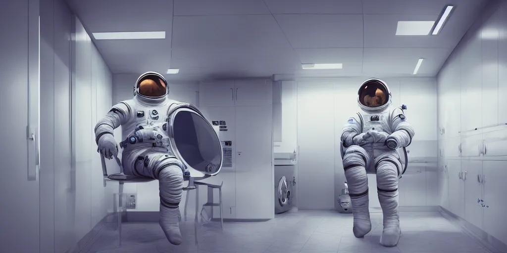 Image similar to a beautiful photo of an astronaut sat on a chair in an automatic laundry room, soft light, morning light, photorealistic, realistic, octane, 8k, cinematic shot