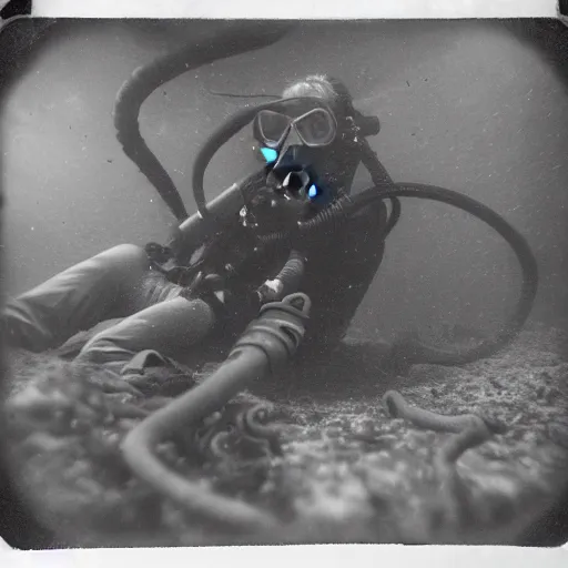 Image similar to underwater tintype photo of scuba driver riding a octopus