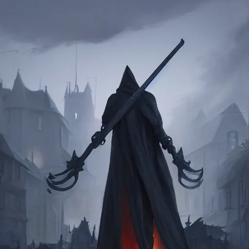 Prompt: Back view of the Grim Reaper with a large scythe standing in a medieval town at night, fantasy art, octane render, trending on artstation, art by greg rutkowski