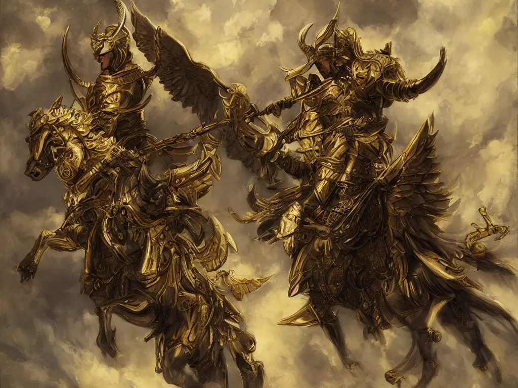 Prompt: valkyrie with golden armor on white pegasus, epic scene, painting in the style of brom, highly detailed