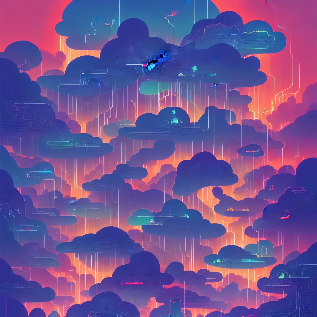 Image similar to illustration of a data-center architecture, connector, firewall, cloud, security, river, trees, thunderstorm, trending on Artstation, painting by Jules Julien, Leslie David and Lisa Frank and Peter Mohrbacher and Alena Aenami and Dave LaChapelle muted colors with minimalism