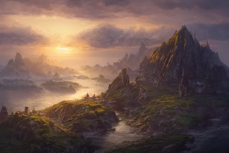 Image similar to high aerial shot, fantasy landscape, sunset lighting ominous shadows, cinematic fantasy painting, dungeons and dragons, coastline of fishing villages by jessica rossier and brian froud