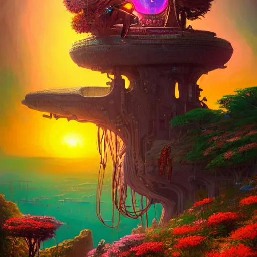 Image similar to an exotic african cyberpunk woman with colorful dreadlocks sitting on a cliff overlooking a field of colorful flowers with a giant glowing baobab tree in the middle, it is sunset, by greg rutkowski and android jones and Alena Aenami in a surreal cyberpunk! style, oil on canvas, 8k hd,