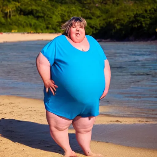 Prompt: an extremely obese middle age woman on the beach wearing an oversized tshirt and shorts