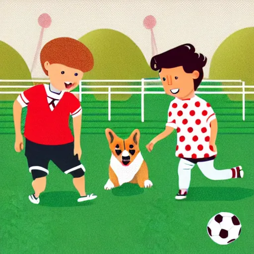 Image similar to illustration of french boy in paris playing football against a corgi who is wearing a polka dot scarf