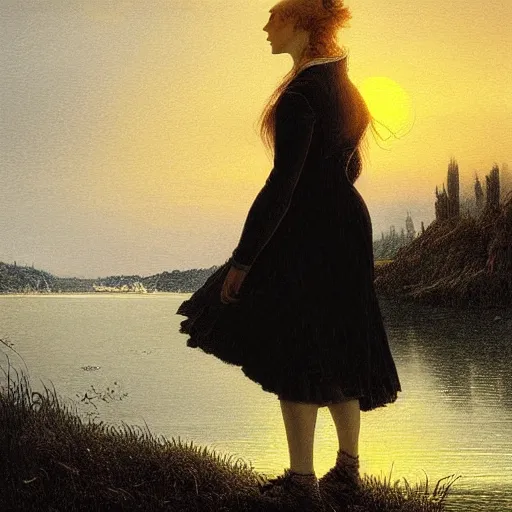 Image similar to young beautiful woman by the lake, hair waving in the wind, sunset, high detail, dramatic light, digital art, chiaroscuro, dark, painted by caspar david friedrich