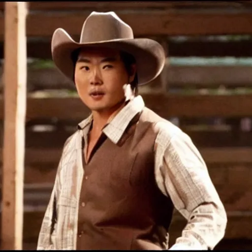 Prompt: Film still of Jacky Chan as cowboy in America movie