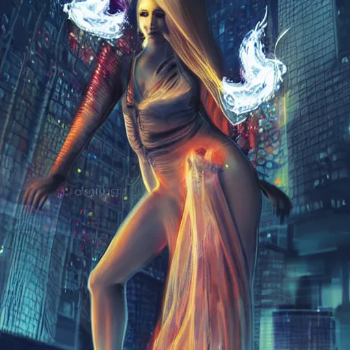 Prompt: beautiful young blonde with long hair woman from behind with flames coming out of hands flying in a cyberpunk city, very detailed, realistic, symmetrical face, art by digital painting,