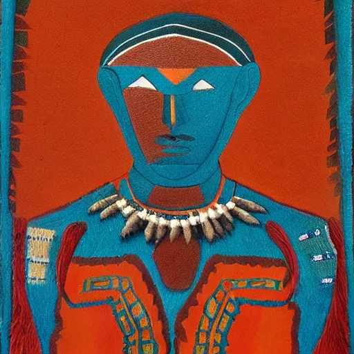 Prompt: symmetric portrait of indigenous warrior, turquoise and orange. high detail