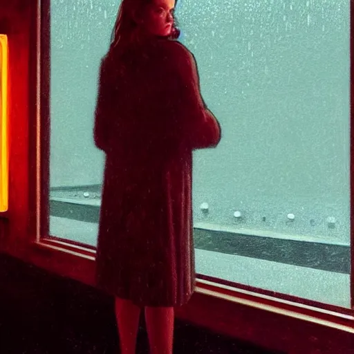 Image similar to Elle Fanning lost in the Bermuda Triangle night in the world of Edward Hopper, stormy snowy weather, extremely detailed masterpiece, oil on canvas, low-key neon lighting, artstation, Blade Runner 2049, Roger Deakin’s cinematography, by J. C. Leyendecker and Peter Paul Rubens,