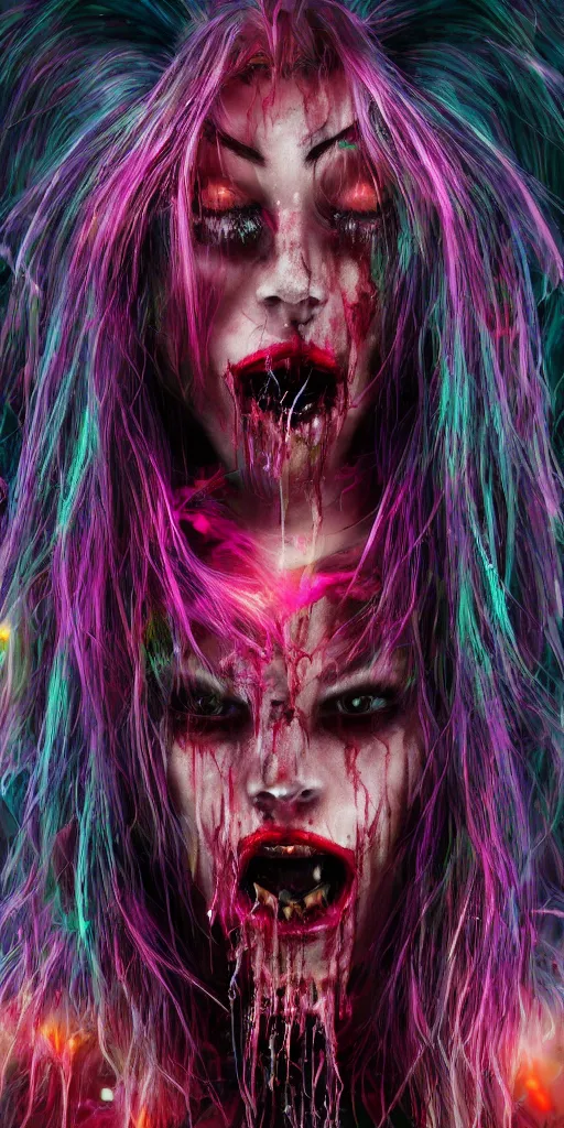 Image similar to impossibly beautiful vampire with large vampire fangs, intricate complexity, horror, psychedelic glitch art, rainbow drip paint, trending on art station, photoreal, 8k, octane render