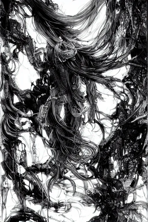 Prompt: a vertical portrait of a character in a scenic environment by Yoshitaka Amano, black and white, dreamy, cybernetic suit, wavy long black hair, highly detailed