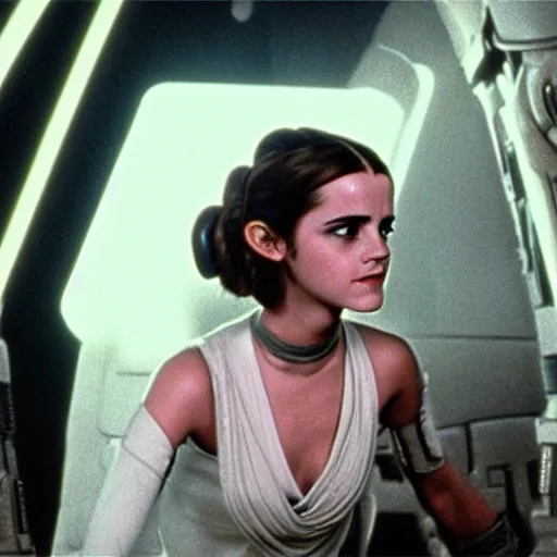 Prompt: movie still of emma watson as princess leia star wars ( 1 9 7 7 )