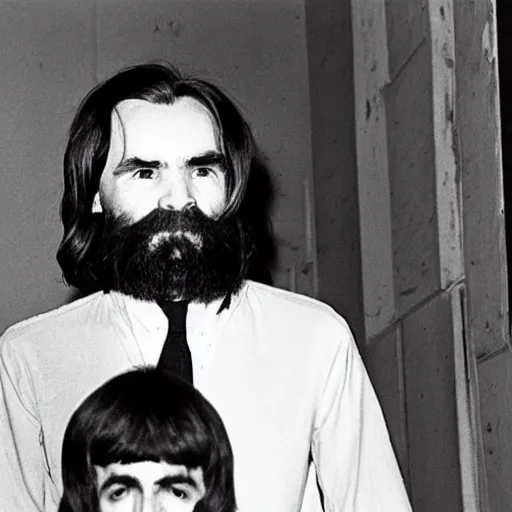 Prompt: Charles Manson as the fifth member of the Beatles