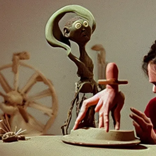 Image similar to film still of a woman sculpting clay on a wheel with an alien standing behind her