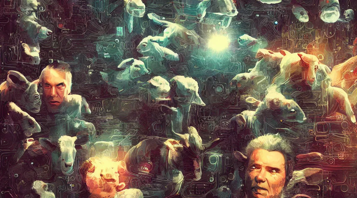 Image similar to do the androids dreams with electric sheeps, Wilbur Mercer, Rick Deckard, friend buster, Philip K. D. ,digital art, illustration style