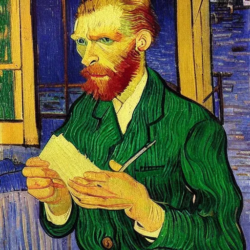 Image similar to white blonde hairy german male making a sales call. oil painting. van gogh