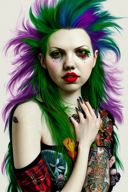 Image similar to portrait of hannah murray as a punk woman with green mohawk, neotraditional tattoos, fishnets, long tartan skirt as phoenix queen, feathers, wings, rainbow clothes,, sci - fi, intricate and very very beautiful and elegant, highly detailed, digital painting, artstation, smooth and sharp focus, illustration, art by tian zi and wlop and alphonse mucha