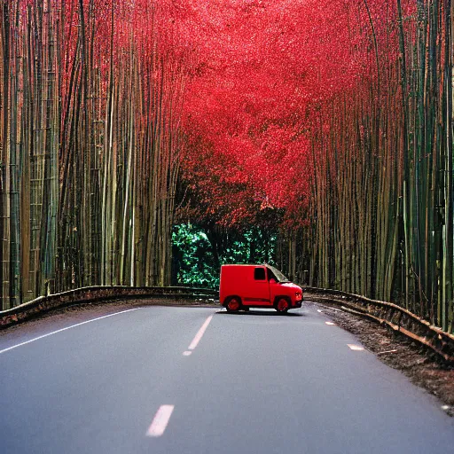 Image similar to a red daihatsu delta truck parked in the apex of a curve with the road surrounded by a canopy of bamboo trees, the shadows of the leaves are proyected onto the road photographed with a nikon f 3 camera and a 3 5 mm f / 4 lens using portra 4 0 0 film stock