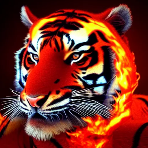 Prompt: a flaming fire tiger made completely of flames and fire, portrait, fantasy, beautiful face, vivid colors, elegant, concept art, sharp focus, digital art, hyper - realistic, 4 k, unreal engine, highly detailed, hd, dramatic lighting by brom, trending on artstation