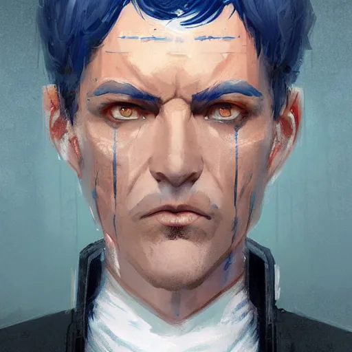 Image similar to portrait of a blue skin man by greg rutkowski, short black hair in military style, tall, star wars expanded, universe, he is about 5 0 years old, wearing white colored imperial admiral uniform, artstation hq