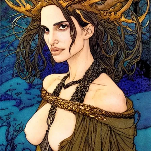 Image similar to a realistic, very beautiful and atmospheric portrait of a young natalie portman as a druidic warrior wizard looking at the camera with an intelligent but seductive gaze by rebecca guay, michael kaluta, charles vess and jean moebius giraud
