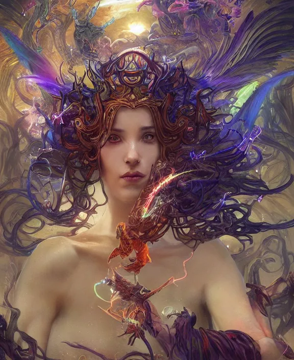 Prompt: a whirlwind of souls rushing inside the metaverse, half body, glowin eyes, mystical insects, mystical birds, lizards, snakes, d & d, fantasy, intricate, elegant, highly detailed, colorful, vivid color, digital painting, artstation, concept art, art by artgerm and greg rutkowski and alphonse mucha and ruan jia