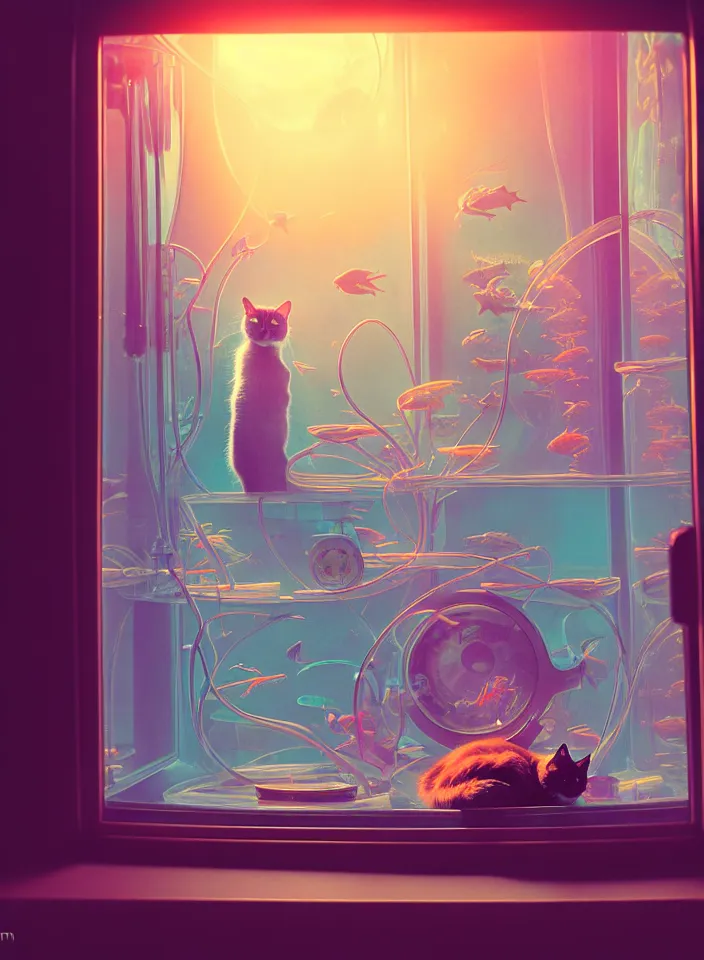 Image similar to telephoto 7 0 mm f / 2. 8 iso 2 0 0 photograph depicting the feeling of chrysalism in a cosy safe cluttered french sci - fi ( ( art nouveau ) ) cyberpunk apartment in a pastel dreamstate art cinema style. ( cat ) ( ( fish tank ) ), ambient light.