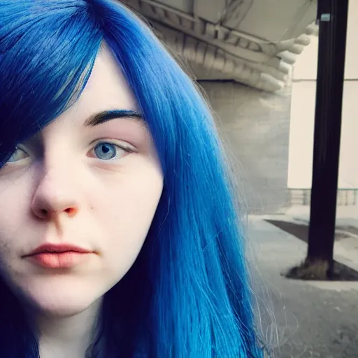 Image similar to a pale girl with blue hair, soft facial features, round face, looking directly at the camera, neutral expression, instagram picture