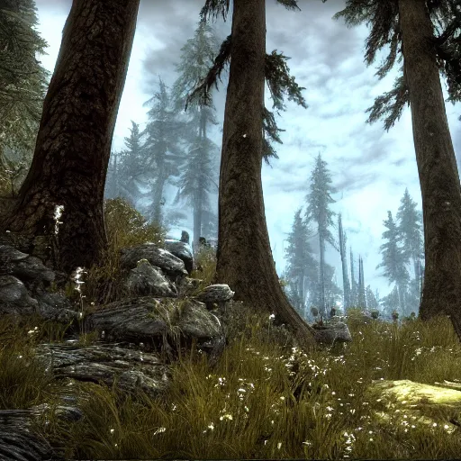 Prompt: a stunning screenshot of a mythical forest in Skyrim