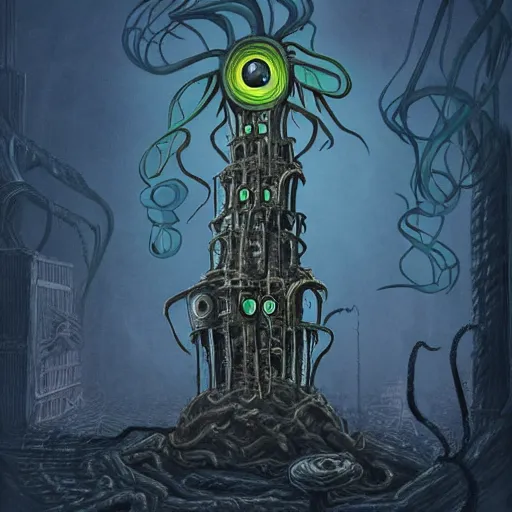 Image similar to lovecraftian machine tower with fleshy tendrils and eyeball at top overlooking dystopian wasteland