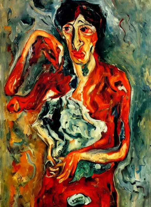 Prompt: an oil painting of a woman looking distressed, intense eyes, in a red dress posing with meat in expressive style of Chaim Soutine and Frank Auerbach, palette of maroon alizarin and dark gray greens, thick impasto painting technique