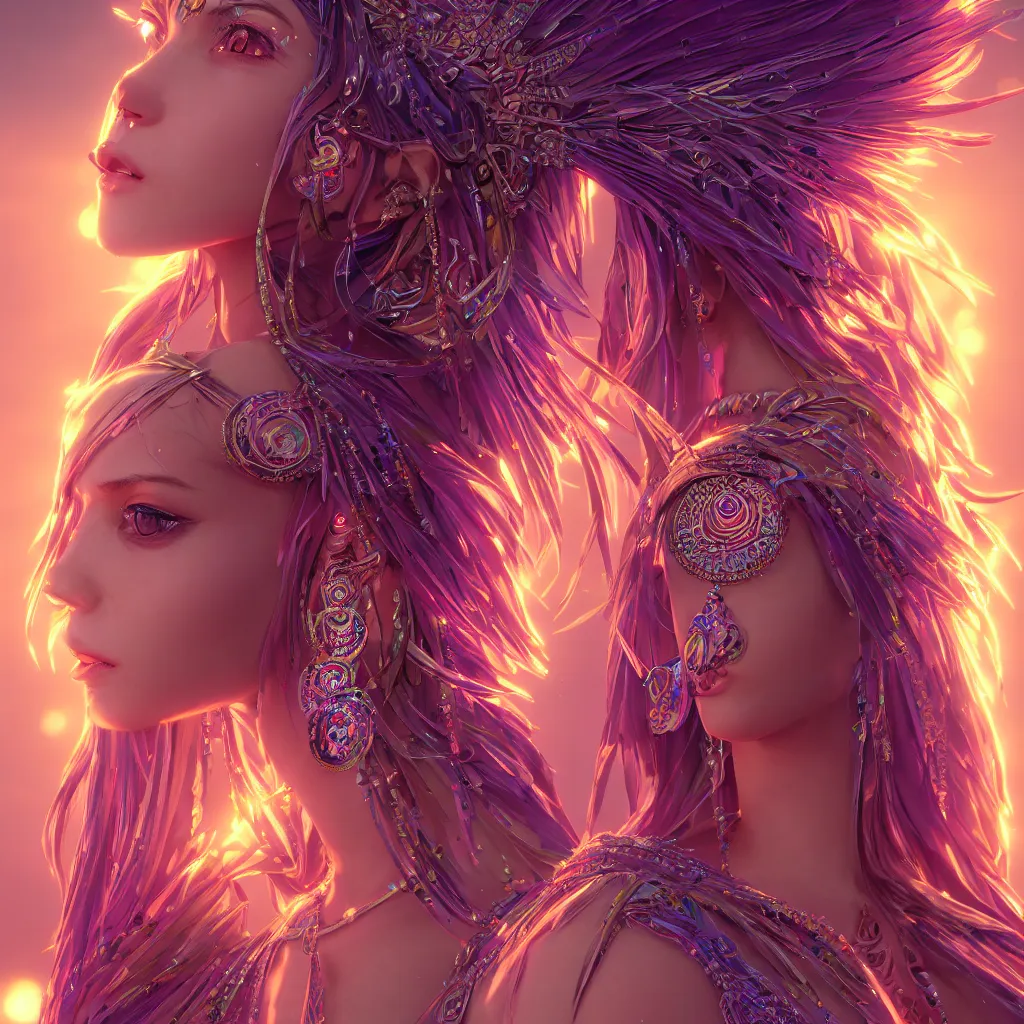 Image similar to portrait highly detailed beautiful symmetrical face high priestess intricate elegant detailed crystal jewellery with tribal feathers, lush colourful volumetric lighting, anime digital painting, concept art, smooth, sharp focus 3 d, divine realm of gods, realistic cinematic style, octane render, photographic, unreal engine 8 k