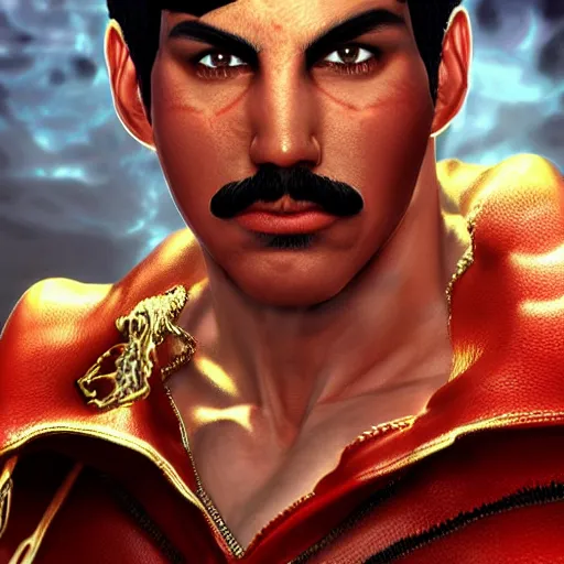 Image similar to freddy mercury as ryu street fighter, face detail, ultra realistic, concept art, intricate details, highly detailed, photorealistic, octane render, 8 k, unreal engine, art by frank frazetta, simon bisley, brom